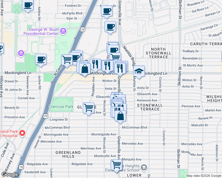map of restaurants, bars, coffee shops, grocery stores, and more near 5627 Anita Street in Dallas