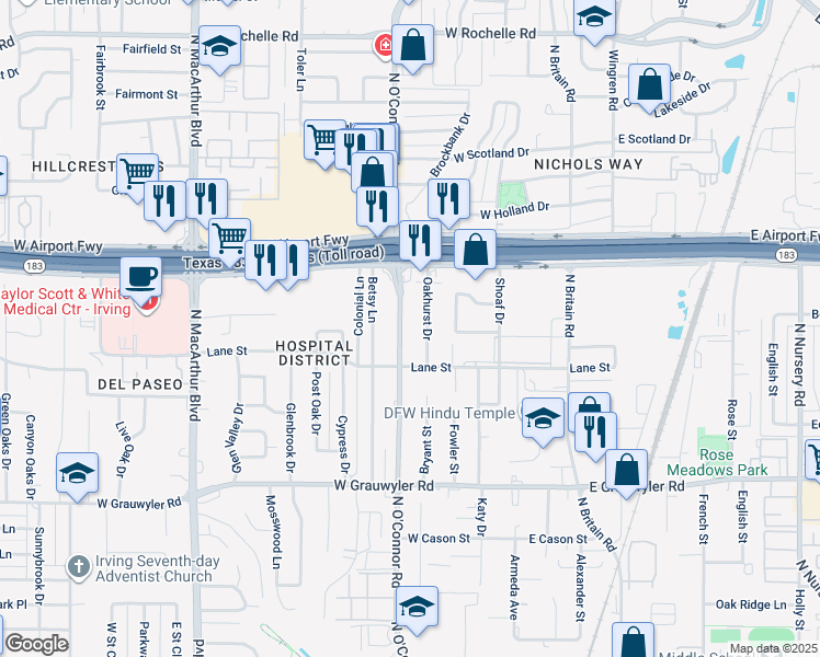 map of restaurants, bars, coffee shops, grocery stores, and more near 2002 North O'Connor Road in Irving