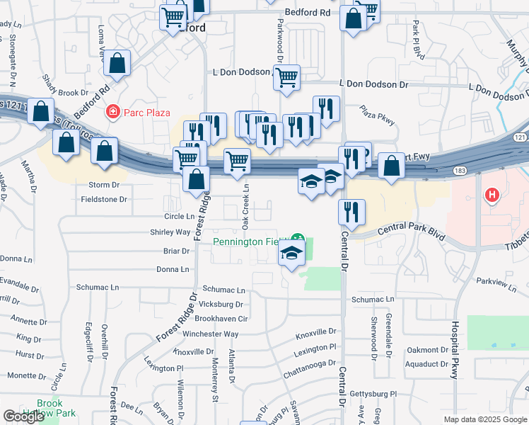 map of restaurants, bars, coffee shops, grocery stores, and more near 1950 Oak Creek Lane in Bedford