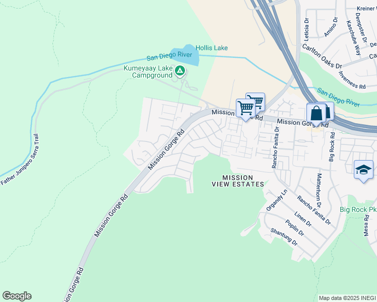 map of restaurants, bars, coffee shops, grocery stores, and more near 7467 Mission Gorge Road in Santee