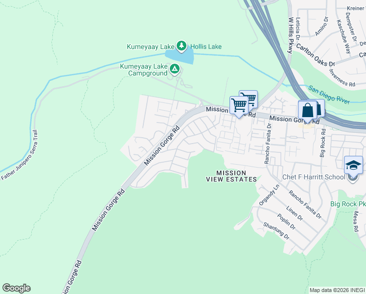 map of restaurants, bars, coffee shops, grocery stores, and more near 161 Rolling Oak Road in Santee