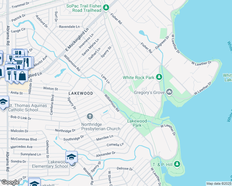 map of restaurants, bars, coffee shops, grocery stores, and more near 3443 Santa Barbara Drive in Dallas