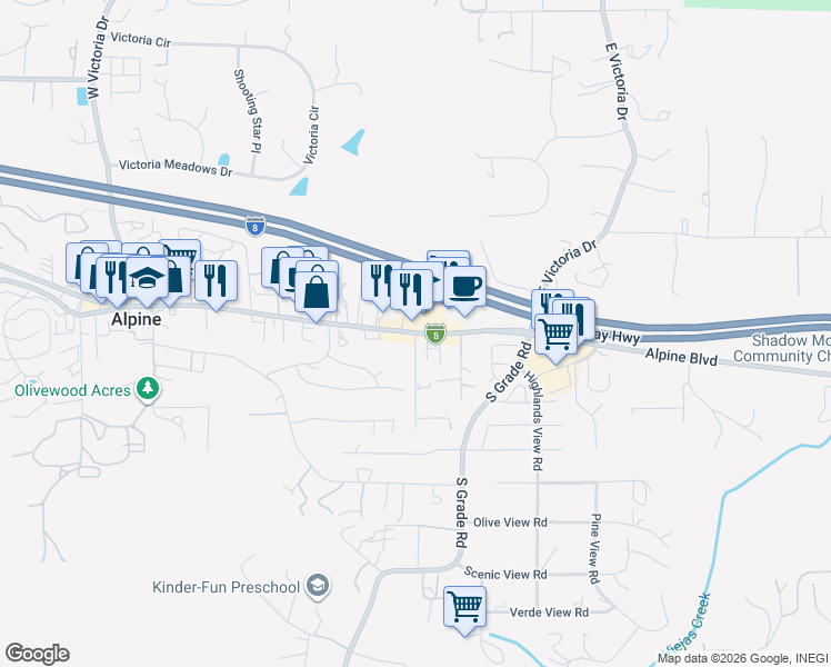 map of restaurants, bars, coffee shops, grocery stores, and more near Alpine Boulevard & Louise Drive in Alpine