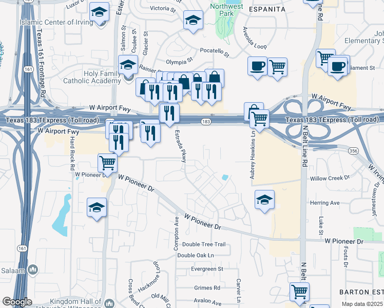 map of restaurants, bars, coffee shops, grocery stores, and more near 2119 Estrada Parkway in Irving