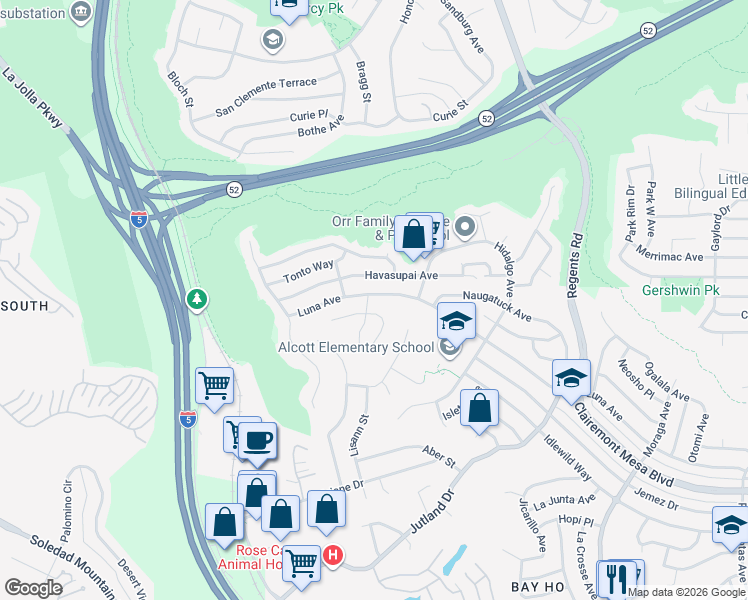 map of restaurants, bars, coffee shops, grocery stores, and more near 2801 Luna Avenue in San Diego