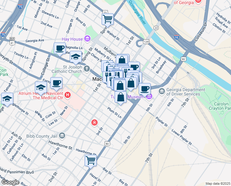 map of restaurants, bars, coffee shops, grocery stores, and more near 566 Poplar Street in Macon