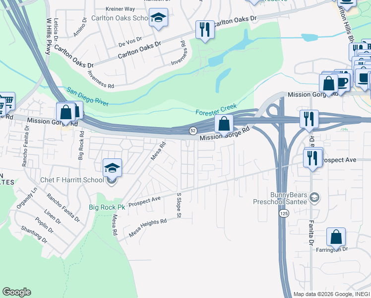 map of restaurants, bars, coffee shops, grocery stores, and more near 8545 Mission Gorge Road in Santee
