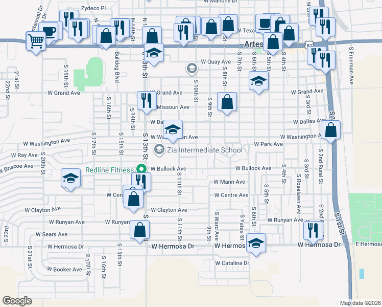 map of restaurants, bars, coffee shops, grocery stores, and more near 1008 West Ray Avenue in Artesia