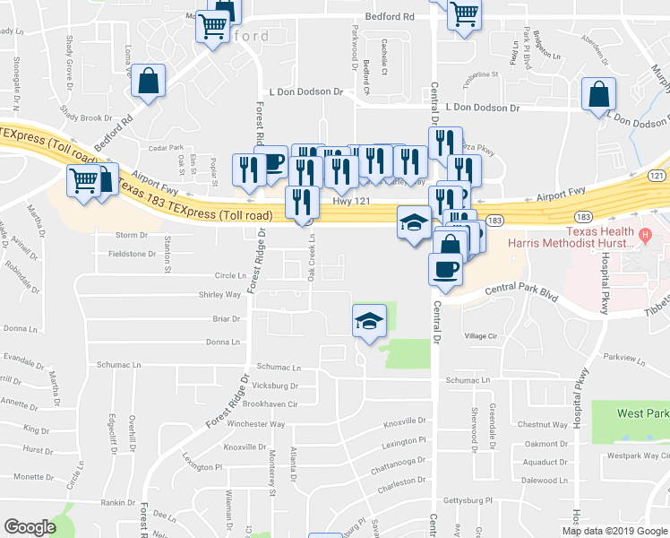 map of restaurants, bars, coffee shops, grocery stores, and more near 1950 Oak Creek Lane in Bedford