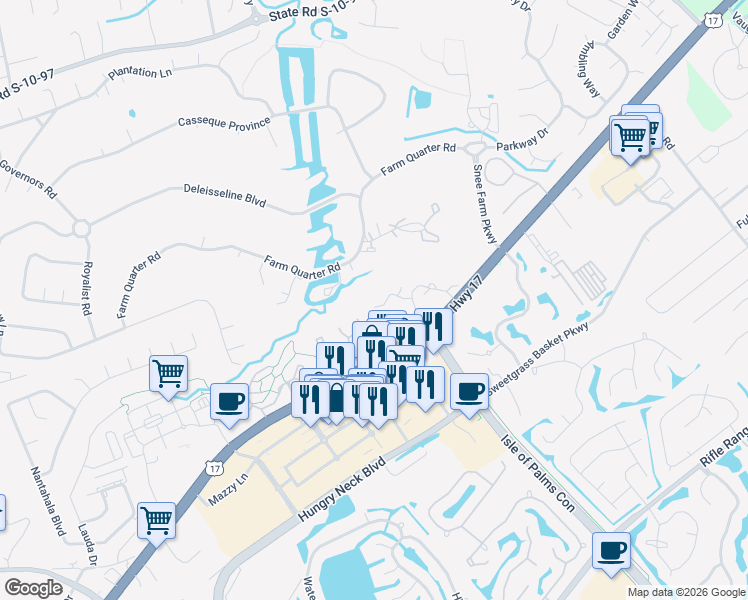 map of restaurants, bars, coffee shops, grocery stores, and more near 1652 Fairway Place Lane in Mount Pleasant