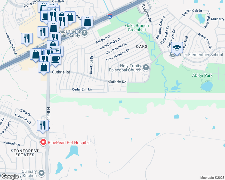 map of restaurants, bars, coffee shops, grocery stores, and more near 2822 Guthrie Road in Garland