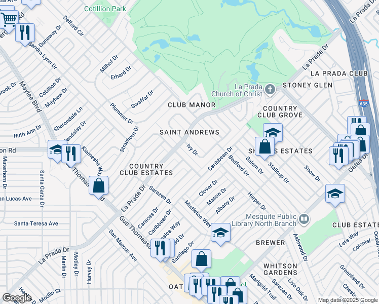 map of restaurants, bars, coffee shops, grocery stores, and more near 4420 Ivy Drive in Mesquite