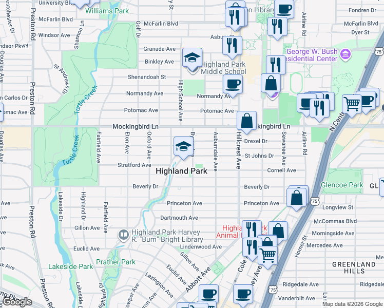 map of restaurants, bars, coffee shops, grocery stores, and more near 3520 Saint Johns Drive in Dallas
