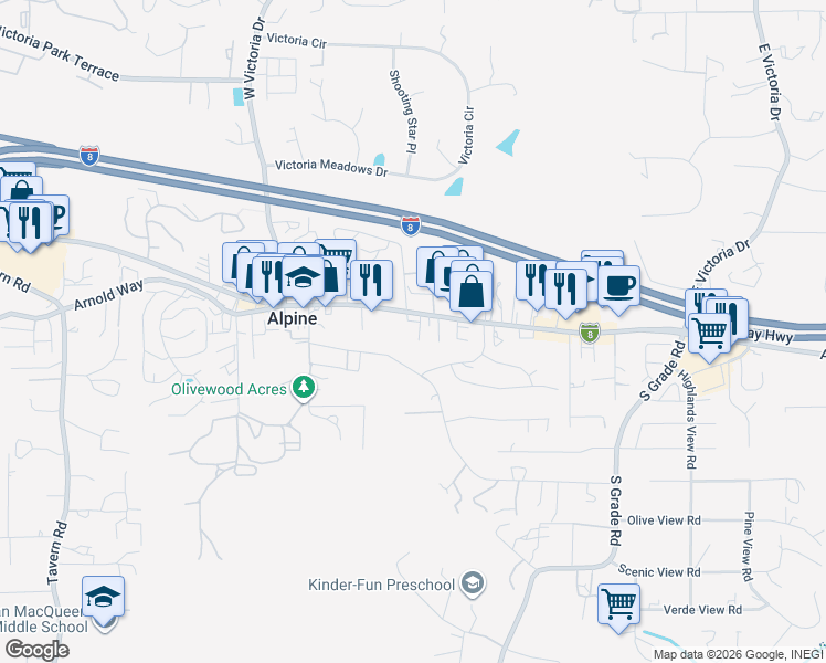 map of restaurants, bars, coffee shops, grocery stores, and more near 1434 Ramsey Road in Alpine