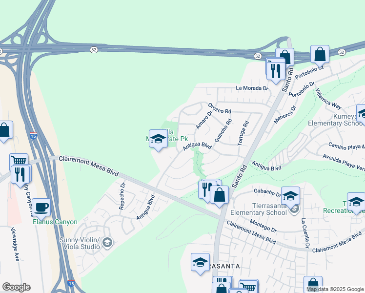 map of restaurants, bars, coffee shops, grocery stores, and more near 5638 Antigua Boulevard in San Diego
