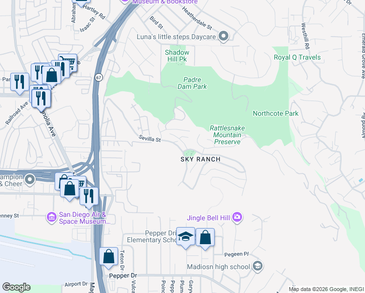 map of restaurants, bars, coffee shops, grocery stores, and more near 5507 Claret Street in Santee