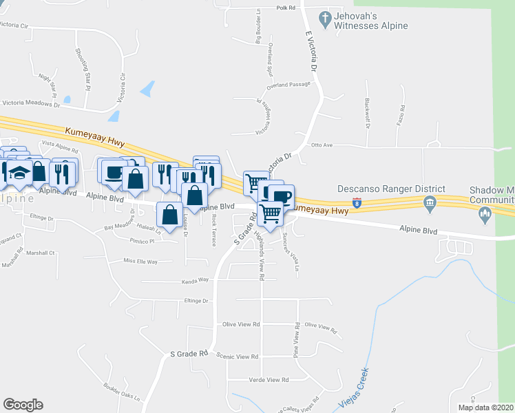 map of restaurants, bars, coffee shops, grocery stores, and more near Alpine Boulevard in Alpine