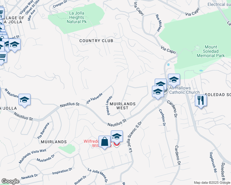 map of restaurants, bars, coffee shops, grocery stores, and more near 6967 Paseo Laredo in San Diego