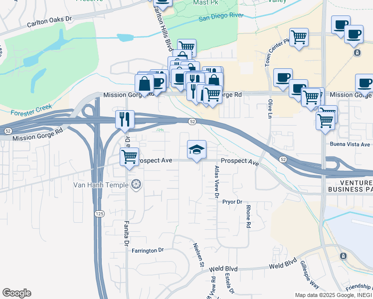 map of restaurants, bars, coffee shops, grocery stores, and more near 8850 Ellsworth Circle in Santee