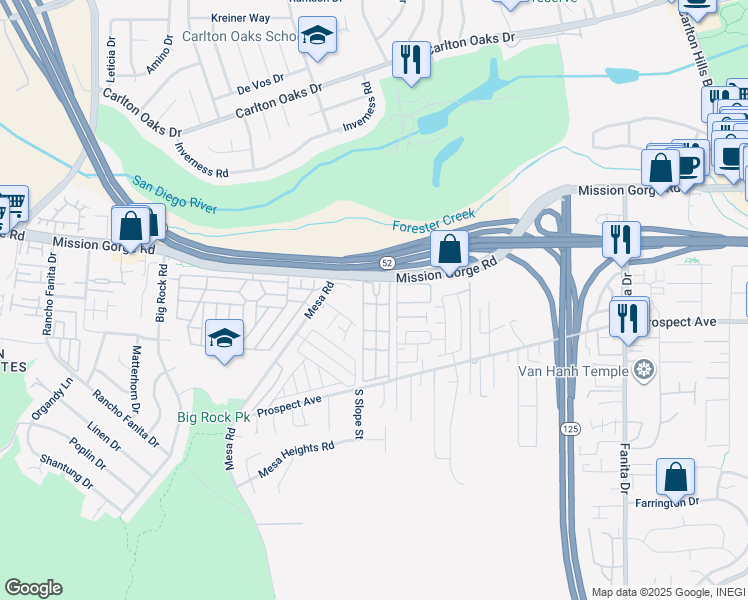 map of restaurants, bars, coffee shops, grocery stores, and more near 8545 Mission Gorge Road in Santee