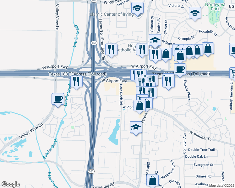map of restaurants, bars, coffee shops, grocery stores, and more near 36 Samarth Street in Irving