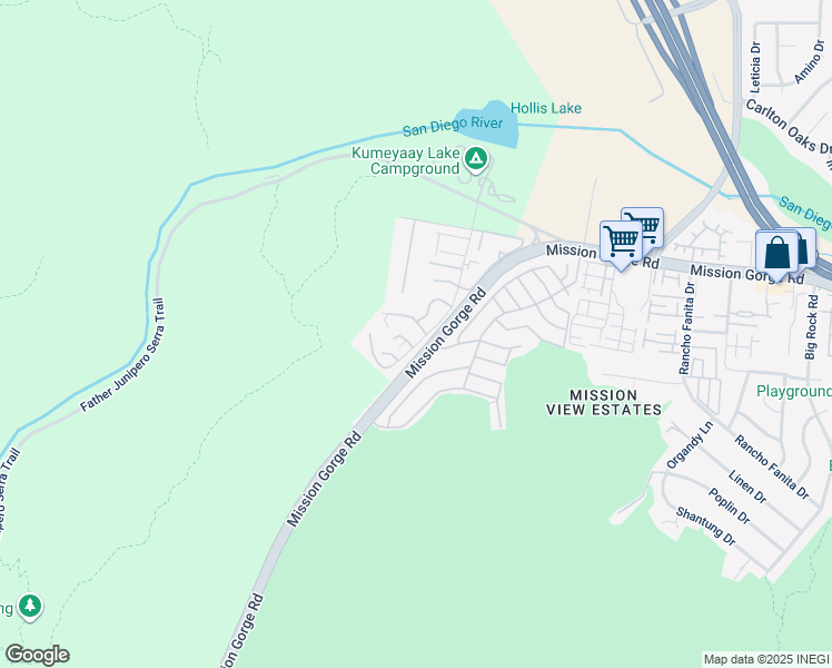 map of restaurants, bars, coffee shops, grocery stores, and more near 7421 Mission Trails Drive in Santee
