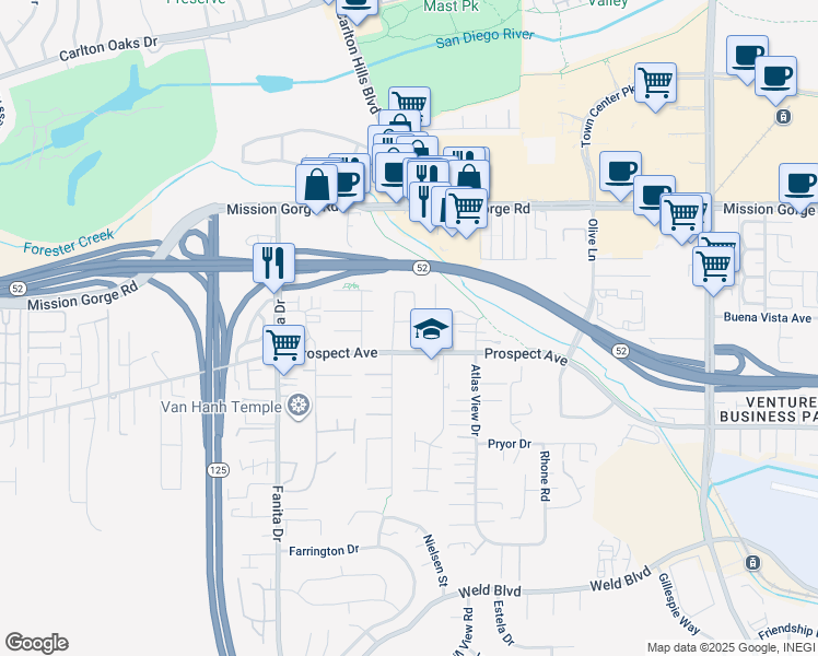 map of restaurants, bars, coffee shops, grocery stores, and more near 8850 Ellsworth Circle in Santee