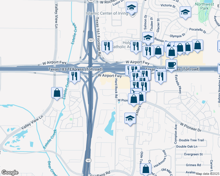 map of restaurants, bars, coffee shops, grocery stores, and more near 36 Samarth Street in Irving