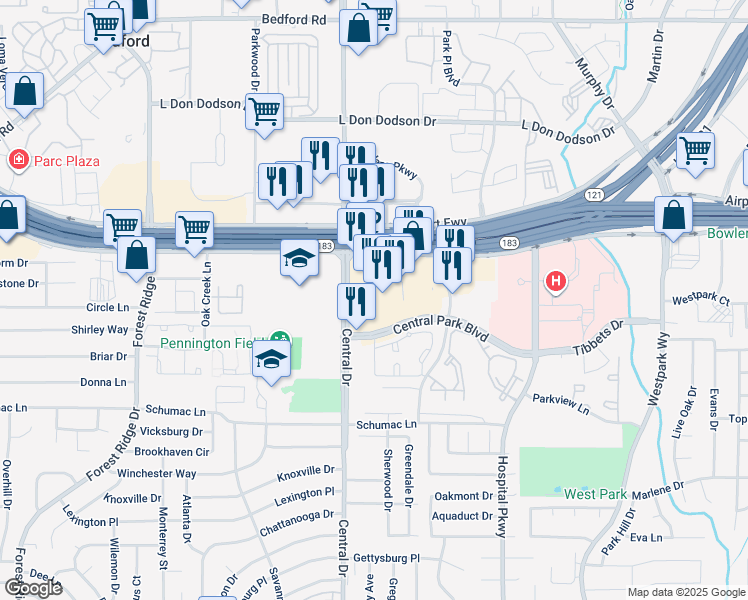 map of restaurants, bars, coffee shops, grocery stores, and more near 2200 Airport Freeway in Bedford