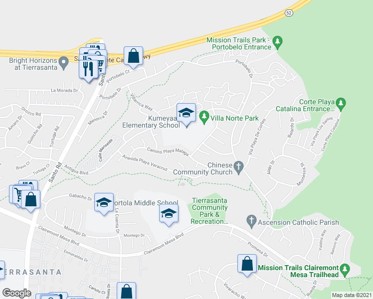 map of restaurants, bars, coffee shops, grocery stores, and more near 5272 Camino Playa Malaga in San Diego