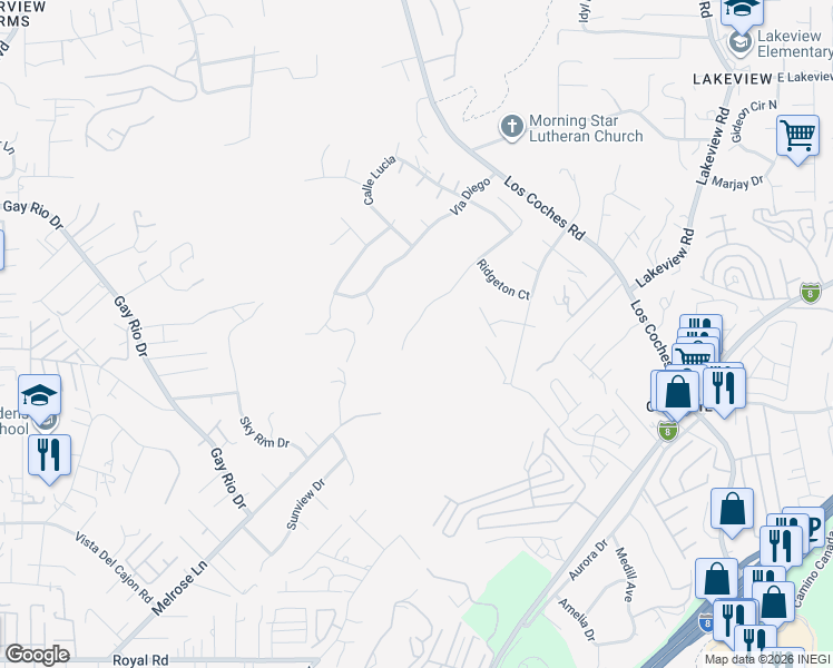 map of restaurants, bars, coffee shops, grocery stores, and more near 12443 Ridgeton Drive in Lakeside