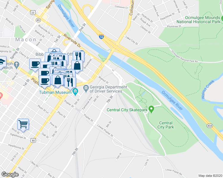 map of restaurants, bars, coffee shops, grocery stores, and more near 122 Walnut Street in Macon