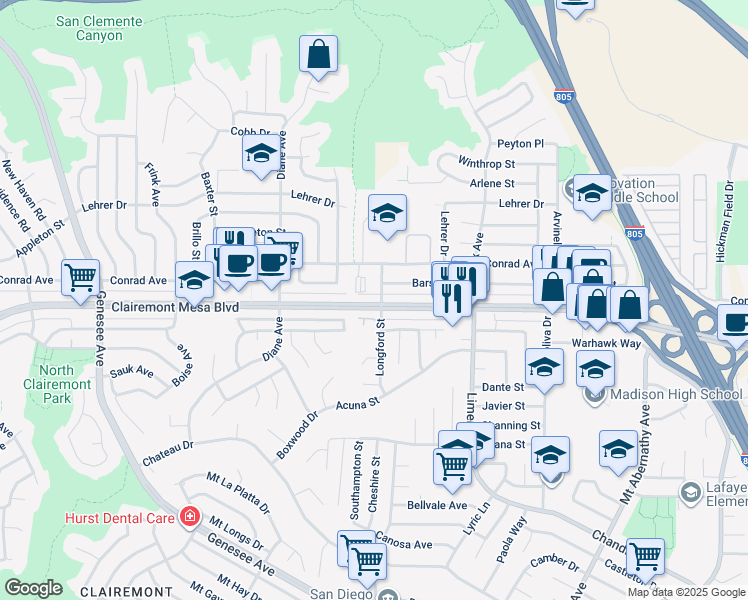 map of restaurants, bars, coffee shops, grocery stores, and more near 4910 Longford Street in San Diego