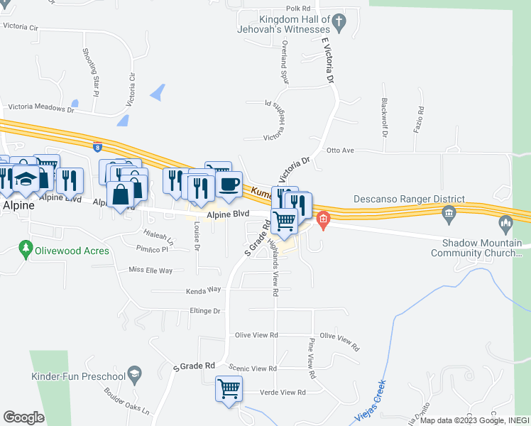 map of restaurants, bars, coffee shops, grocery stores, and more near 2882 Alpine Boulevard in Alpine