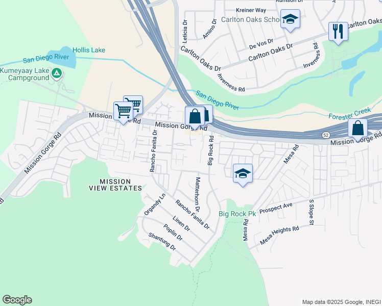 map of restaurants, bars, coffee shops, grocery stores, and more near 8732 Crossway Court in Santee