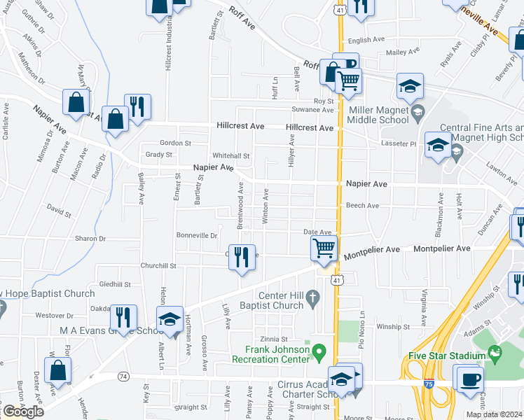 map of restaurants, bars, coffee shops, grocery stores, and more near 1207 Winton Avenue in Macon