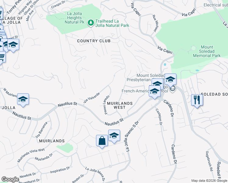 map of restaurants, bars, coffee shops, grocery stores, and more near 6967 Paseo Laredo in San Diego