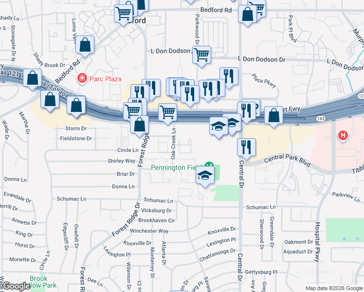 map of restaurants, bars, coffee shops, grocery stores, and more near 1950 Oak Creek Lane in Bedford