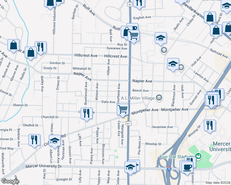 map of restaurants, bars, coffee shops, grocery stores, and more near 1196 Courtland Avenue in Macon