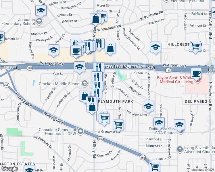 map of restaurants, bars, coffee shops, grocery stores, and more near 1917 Plymouth Drive West in Irving