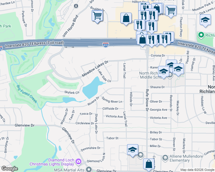map of restaurants, bars, coffee shops, grocery stores, and more near 6525 Lake Side Circle in Fort Worth