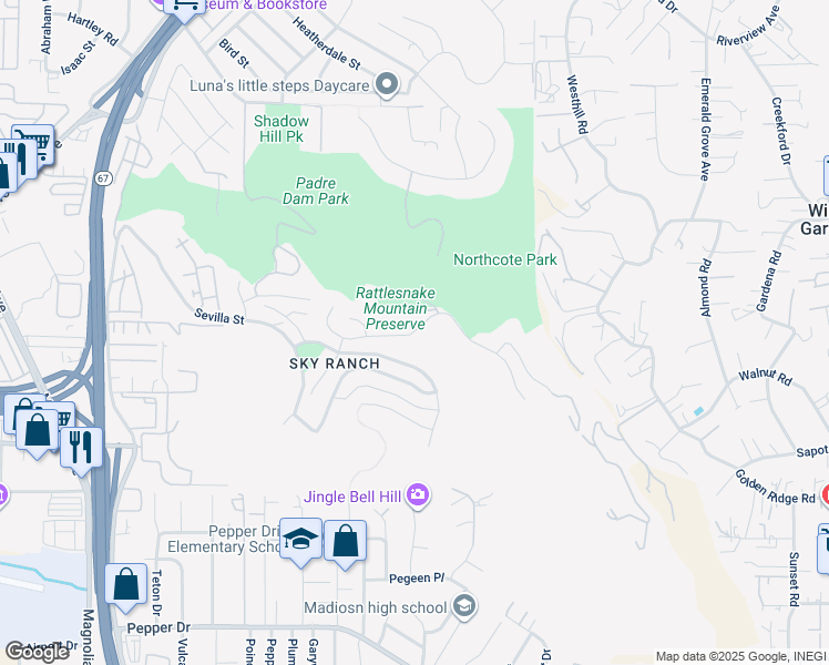map of restaurants, bars, coffee shops, grocery stores, and more near Mariposa Street in Santee