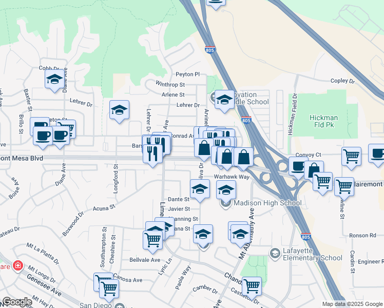 map of restaurants, bars, coffee shops, grocery stores, and more near 5315 Barstow Street in San Diego