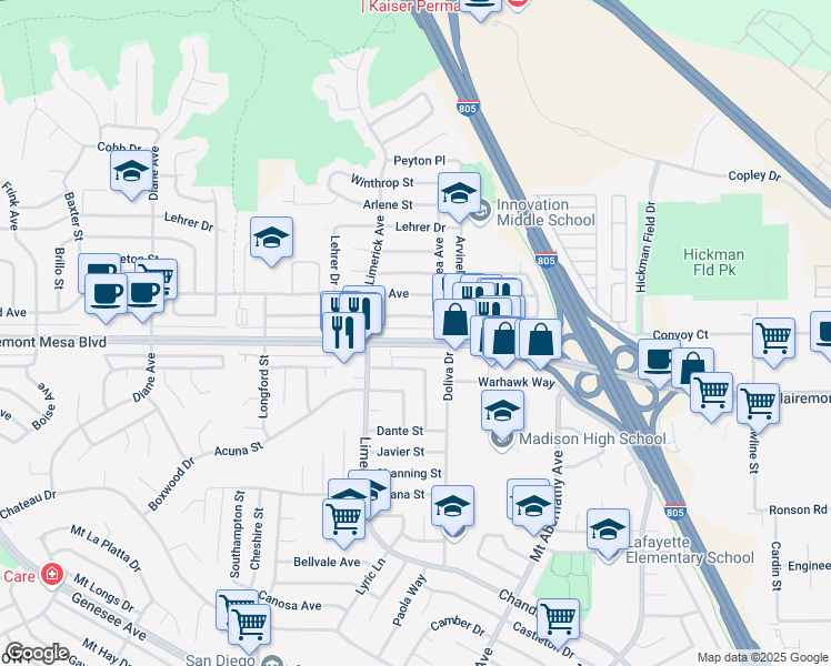 map of restaurants, bars, coffee shops, grocery stores, and more near 5315 Barstow Street in San Diego