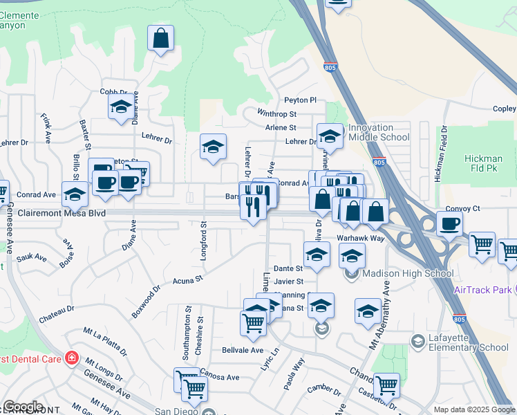 map of restaurants, bars, coffee shops, grocery stores, and more near 5170 Clairemont Mesa Boulevard in San Diego