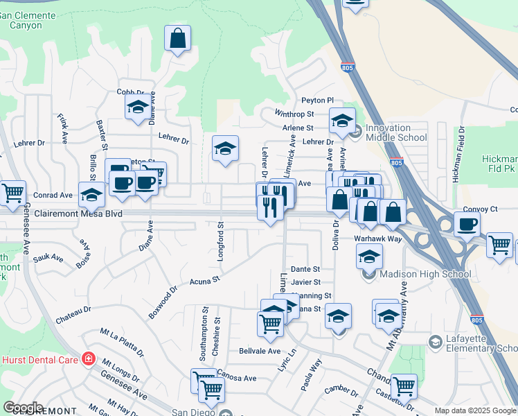 map of restaurants, bars, coffee shops, grocery stores, and more near 5131 Barstow Street in San Diego