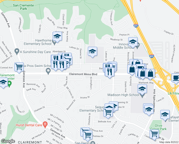 map of restaurants, bars, coffee shops, grocery stores, and more near 4930 Longford Street in San Diego