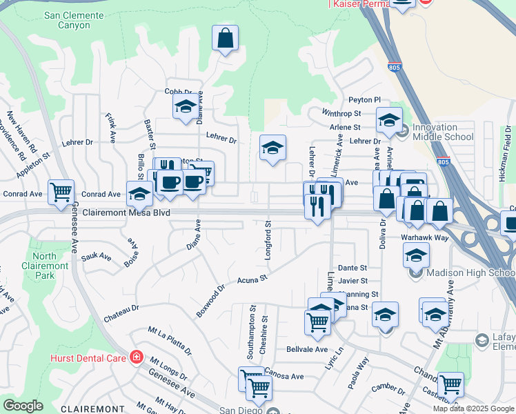 map of restaurants, bars, coffee shops, grocery stores, and more near 4930 Longford Street in San Diego