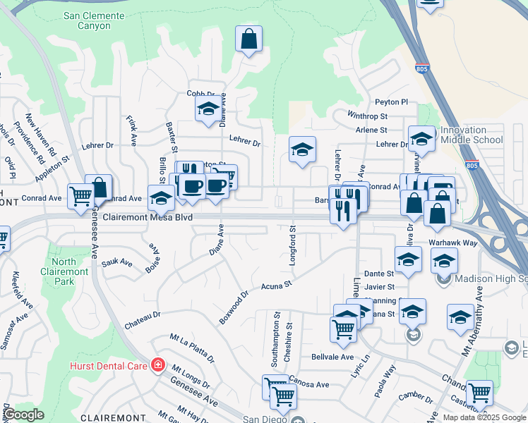 map of restaurants, bars, coffee shops, grocery stores, and more near 4885 Barstow Street in San Diego