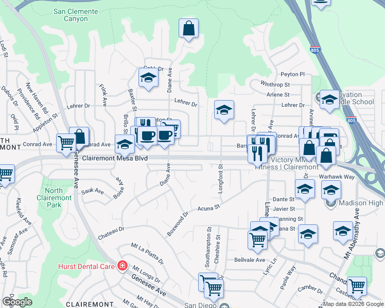 map of restaurants, bars, coffee shops, grocery stores, and more near 4885 Barstow Street in San Diego